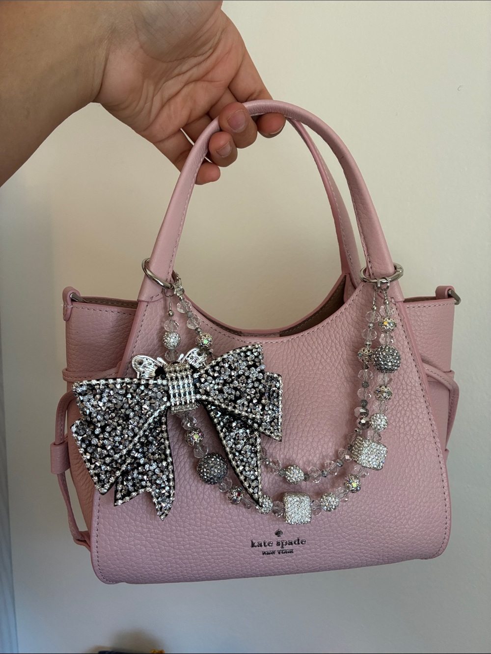 Sparkling Black And Silver Crystal Bow Charm Beaded Bag Chain